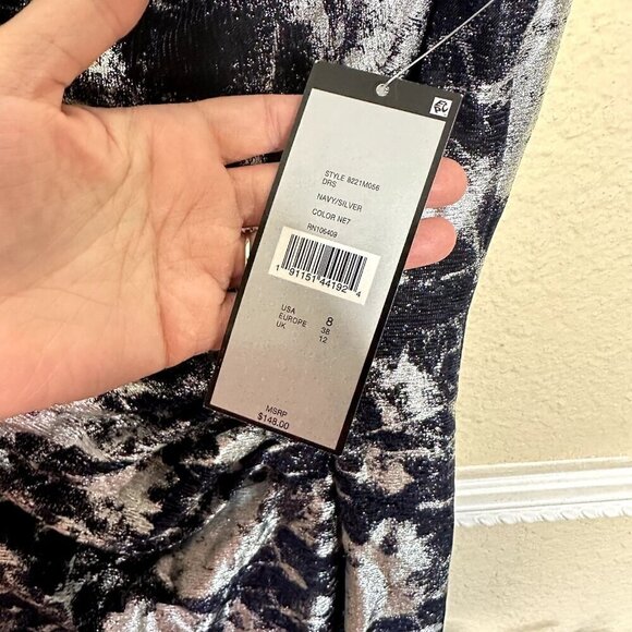 Tahari Arthur S Levine ASL Cowl Neck Fit & Flare Navy & Silver SZ 8 NWT $148 - Picture 5 of 13